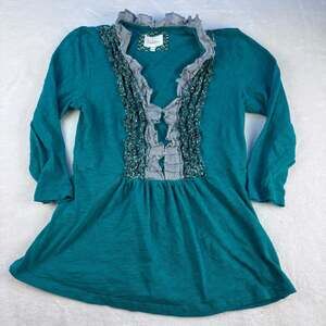 Deletta Anthropologie Teal Ruffled V-Neck 3/4 Sleeve Tunic Top Size S